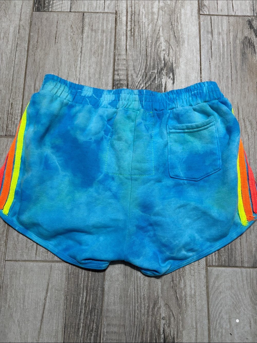 Aviator Nation Blue Tie-Dye Athletic Shorts with 5 Rainbow Side Stripes - Picture 5 of 5
